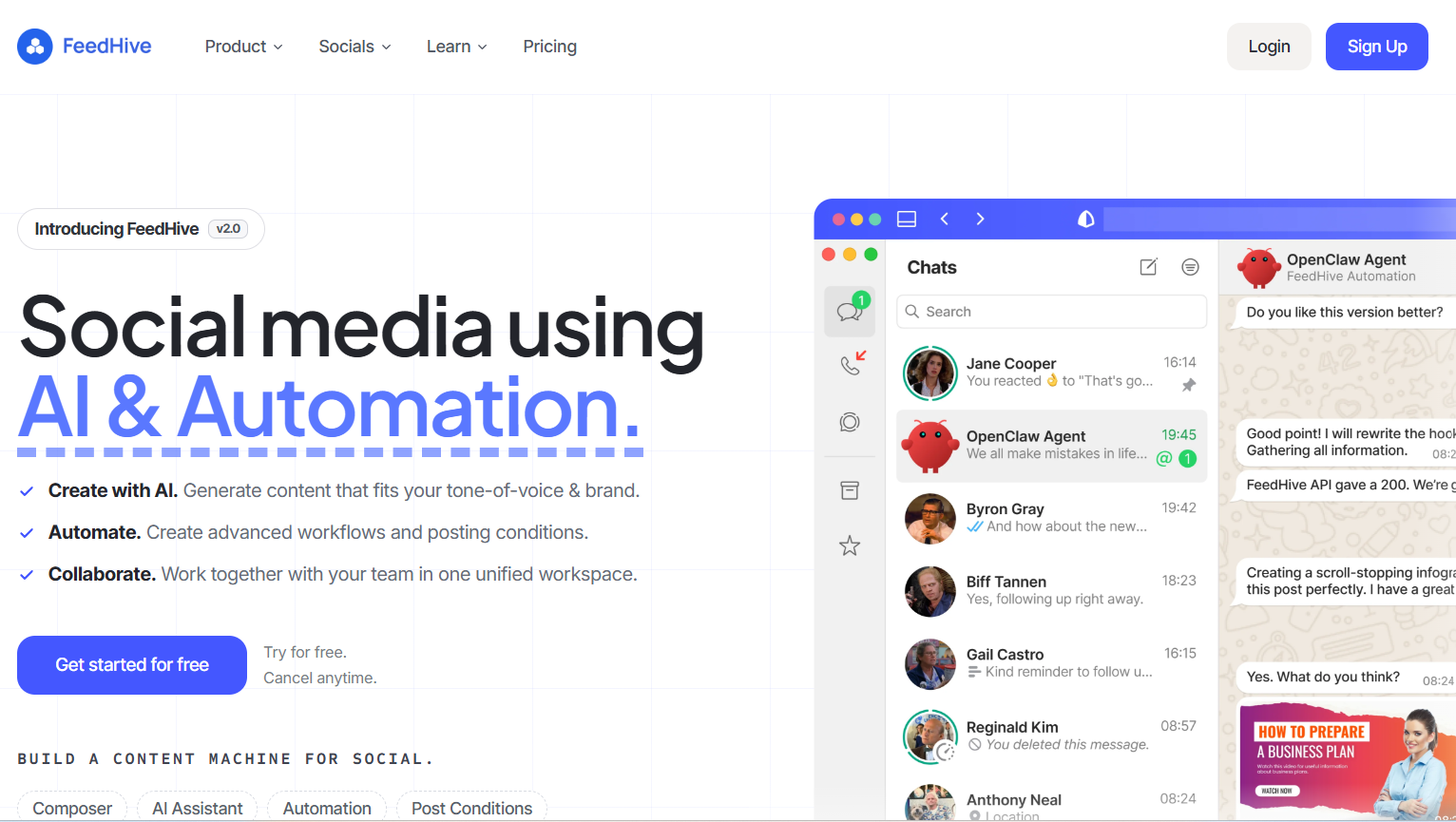 "FeedHive landing page promoting AI-powered social media automation, featuring a bold headline, free signup button, and a dashboard preview with chat and automation tools."