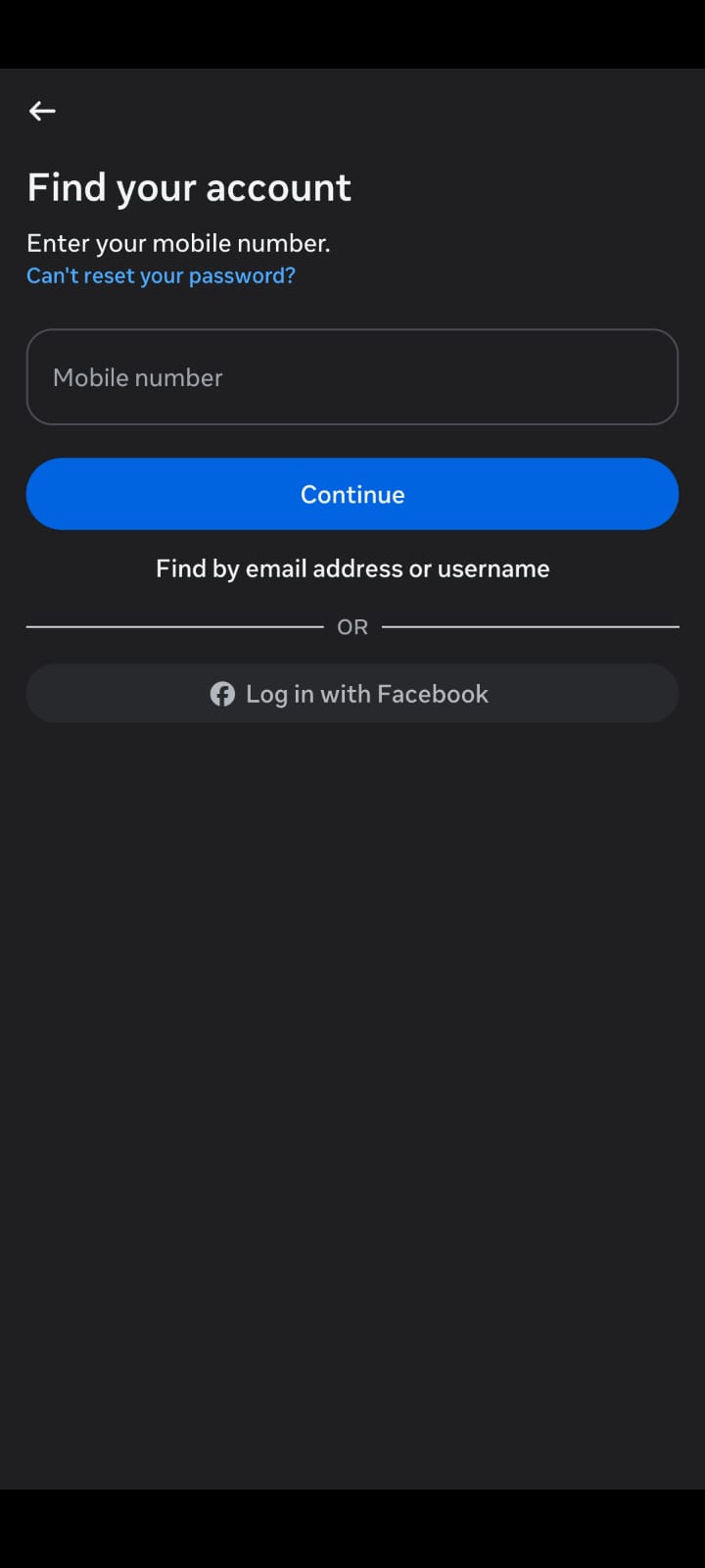 Screenshot of Instagram's Find Your Account recovery page in dark mode. The screen prompts users to enter their mobile number to locate their account and regain access. It features a mobile number input field, a blue Continue button, a Can't Reset Your Password? help link, an option to Find by Email Address or Username, and a Log In with Facebook button.
