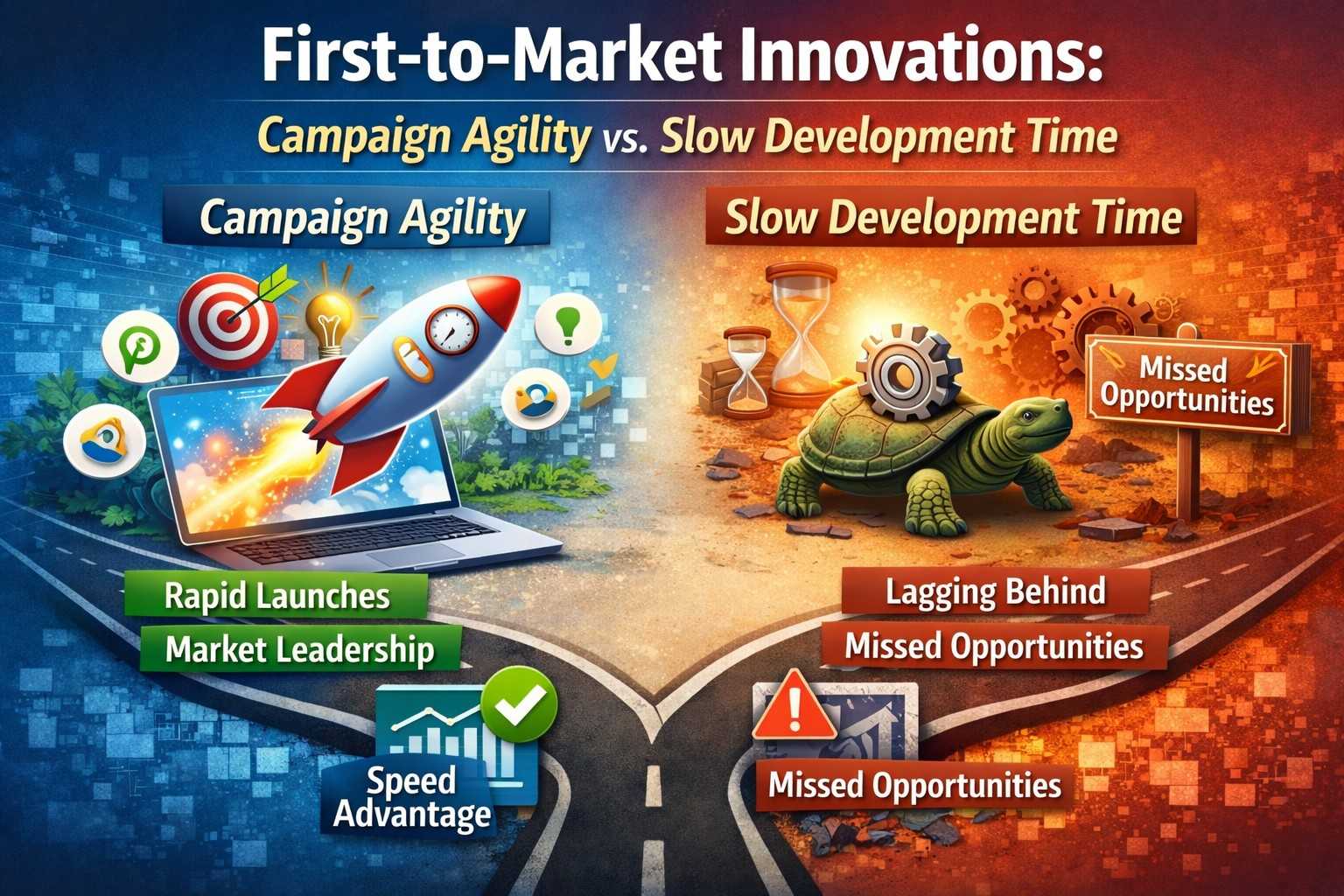 A split-screen digital illustration titled "First-to-Market Innovations: Campaign Agility vs. Slow Development Time," contrasting a fast rocket launch representing market leadership with a slow turtle representing missed opportunities.