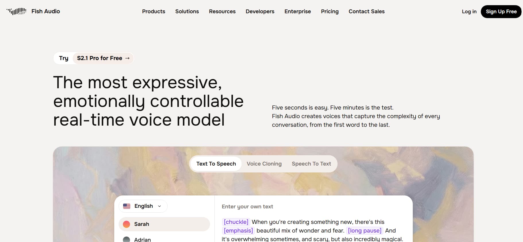Fish Audio homepage featuring its expressive real-time voice model, with a text-to-speech interface showing voice selection and customizable speech controls.