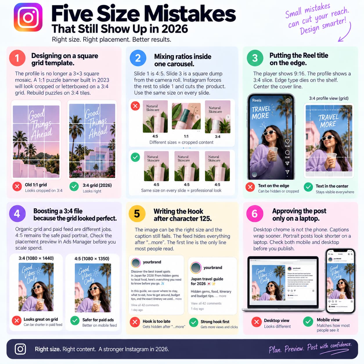Infographic showing six common Instagram size mistakes in 2026, including square grid templates, mixed carousel ratios, edge-aligned Reel titles, incorrect paid-ad sizes, late caption hooks, and approving posts only on desktop.