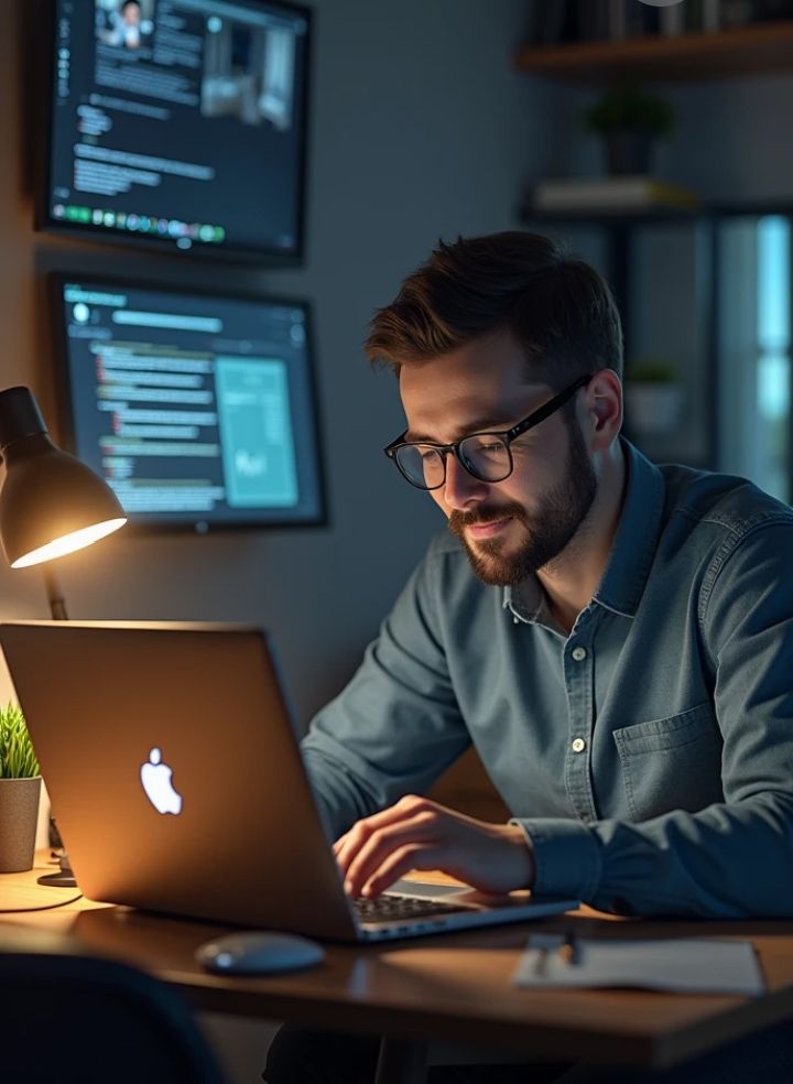A focused young man with glasses and a beard working on a MacBook at a desk during the evening. The scene is softly lit by a desk lamp, with two additional monitors in the background displaying lines of code and data, suggesting a programmer or developer troubleshooting technical issues or 