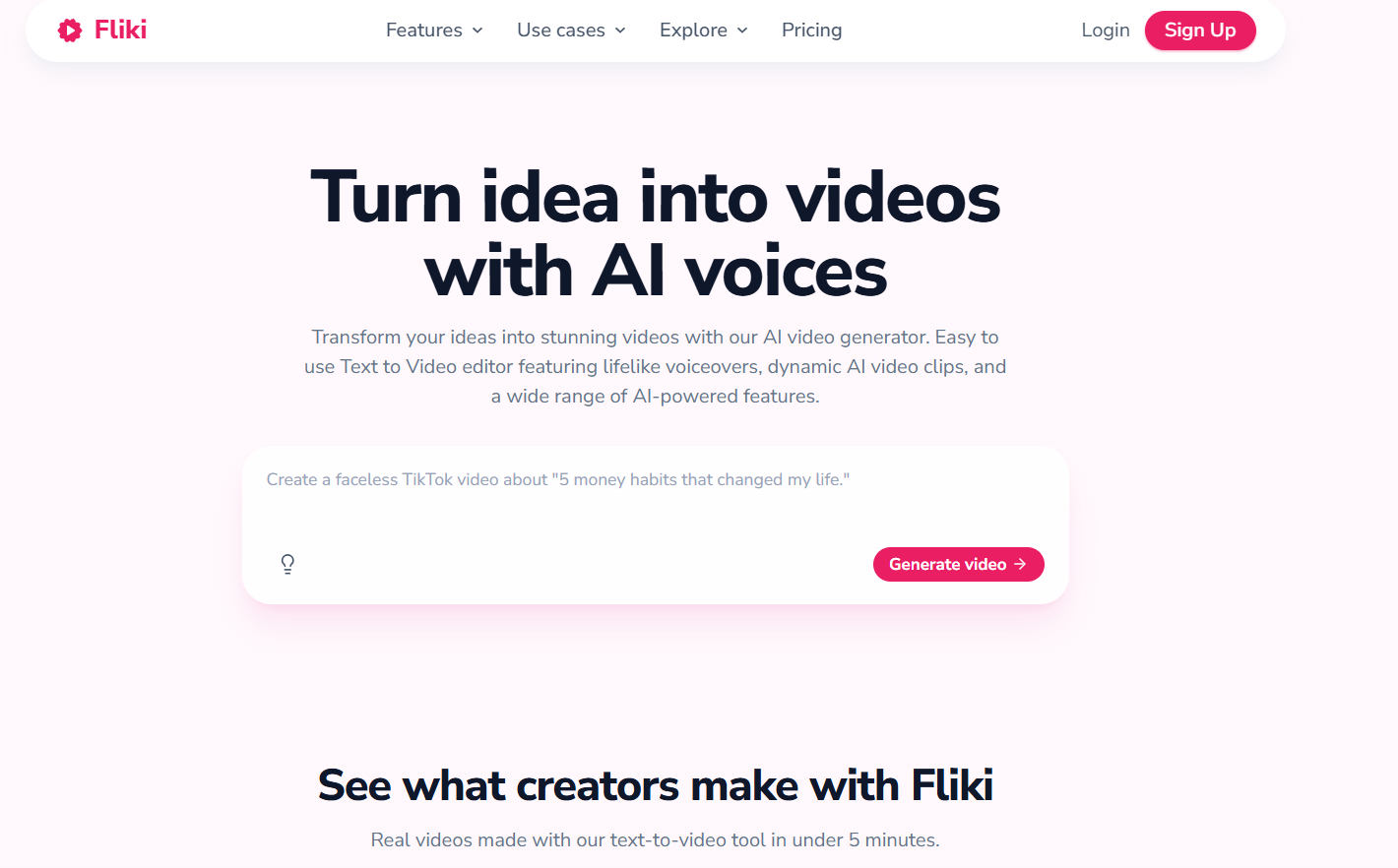 Fliki homepage showcasing its AI video generator for turning ideas into videos with AI voices, featuring a text-to-video prompt and “Generate video” button.