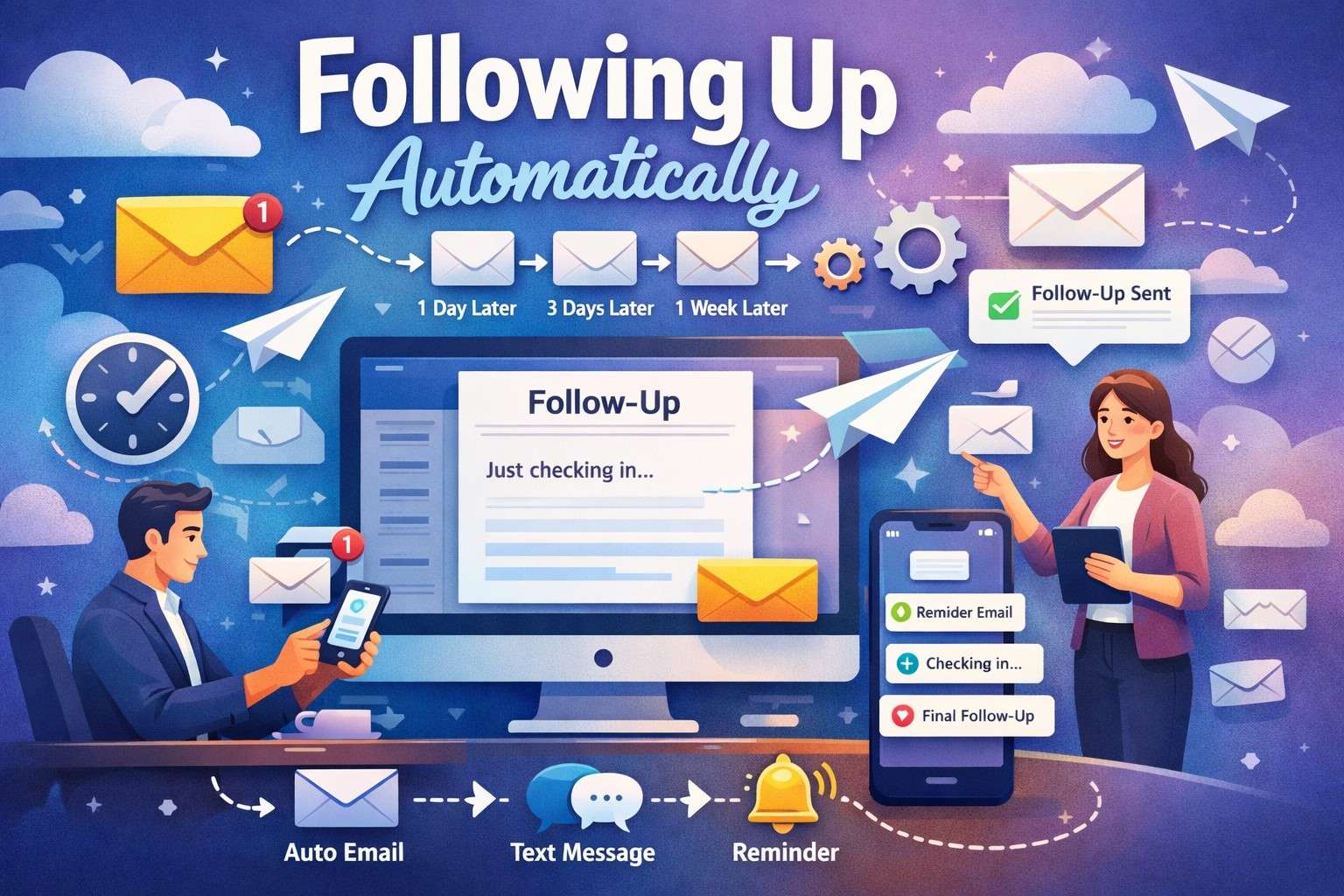 An illustration titled "Following Up Automatically" showcasing a digital workflow with automated emails, text messages, and reminders sent at 1-day, 3-day, and 1-week intervals to streamline business communication.