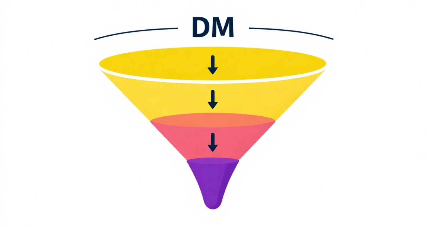 A simplified sales funnel diagram with the label "DM" at the top, featuring three distinct colored sections—yellow, pink, and purple—showing the flow of leads from initial direct message contact to conversion.