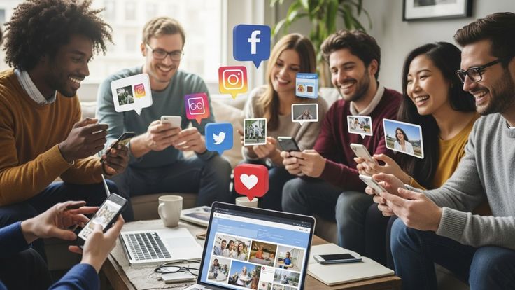 A group of diverse young adults sit together on a couch and around a coffee table, all smiling while interacting with their smartphones and laptops. Floating 3D social media icons and digital photo thumbnails surround them, illustrating a vibrant and highly connected social environment.