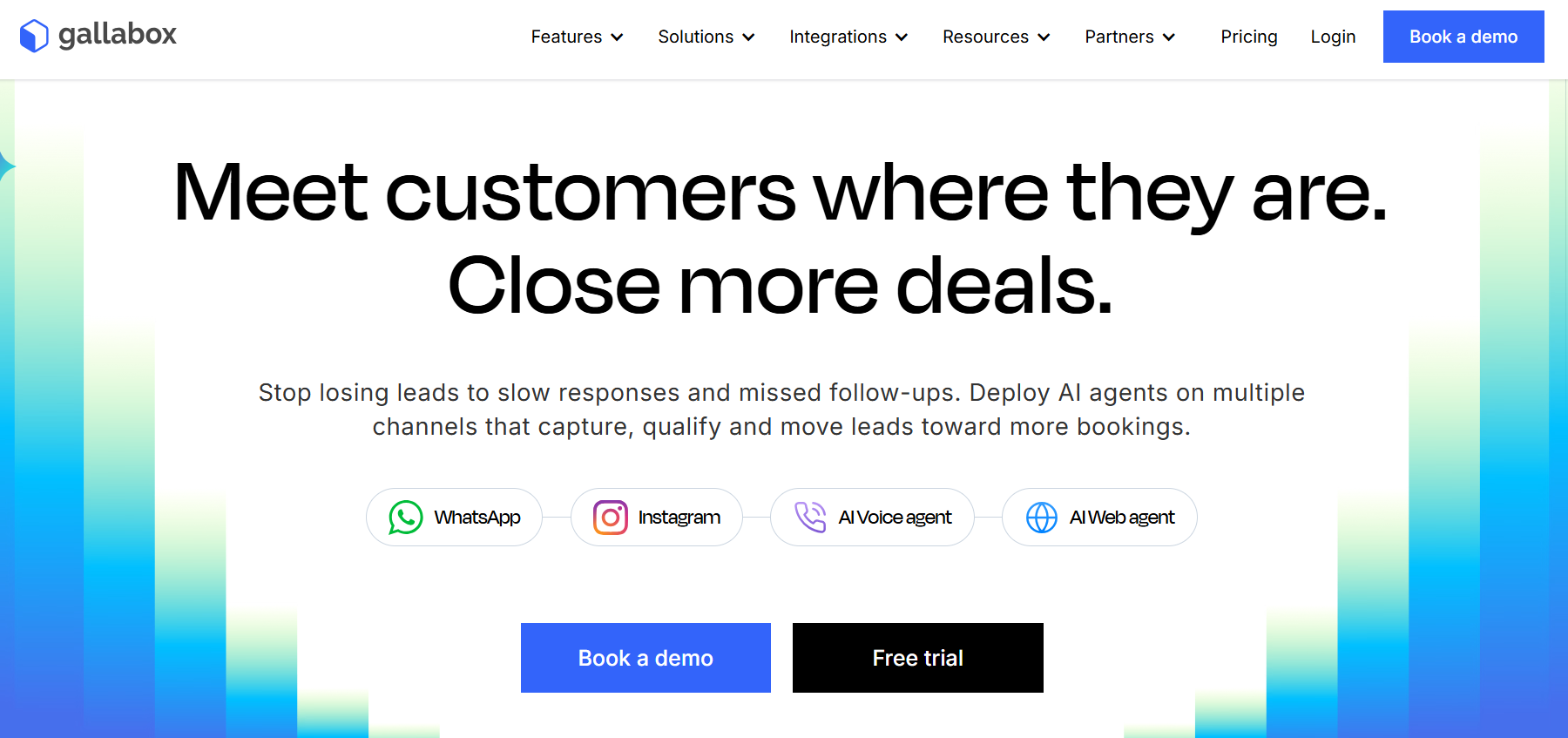 Gallabox website homepage showcasing AI agents for lead capture and qualification across WhatsApp, Instagram, AI voice, and AI web channels.