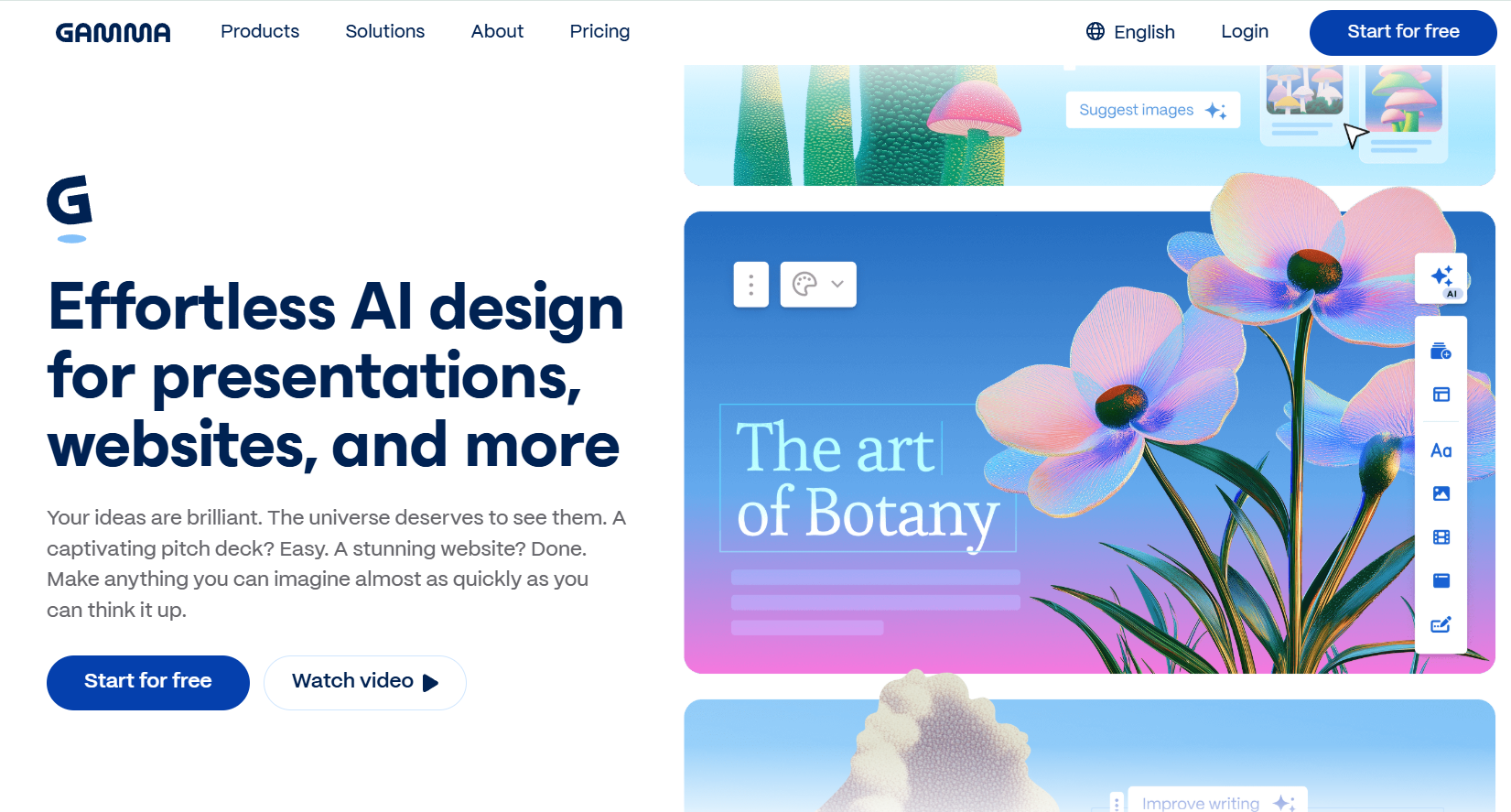 GAMMA landing page showcasing AI-powered design creation, featuring a bold headline, free-start button, and a presentation editor with a colorful botanical design.