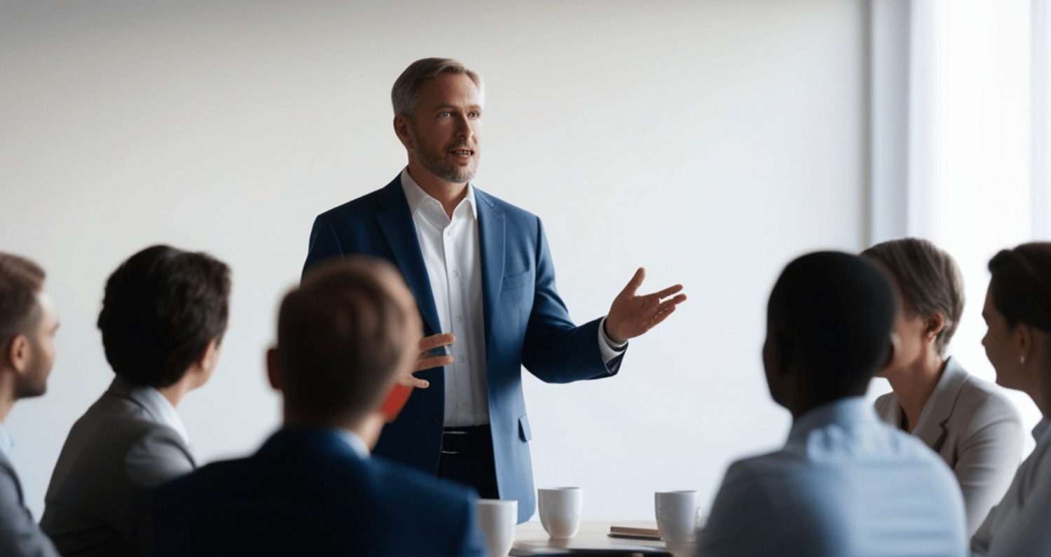 A professional male speaker in a blue blazer presenting to a diverse group of corporate professionals seated around a table in a bright, modern office.
