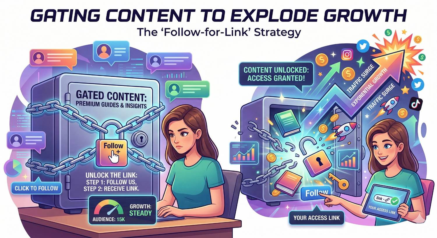 An illustration titled "Gating Content to Explode Growth" explaining the "Follow-for-Link" strategy, showing a comparison between a locked safe of "Gated Content" and an unlocked safe releasing a "Traffic Surge" and "Exponential Growth" after a user follows the profile.