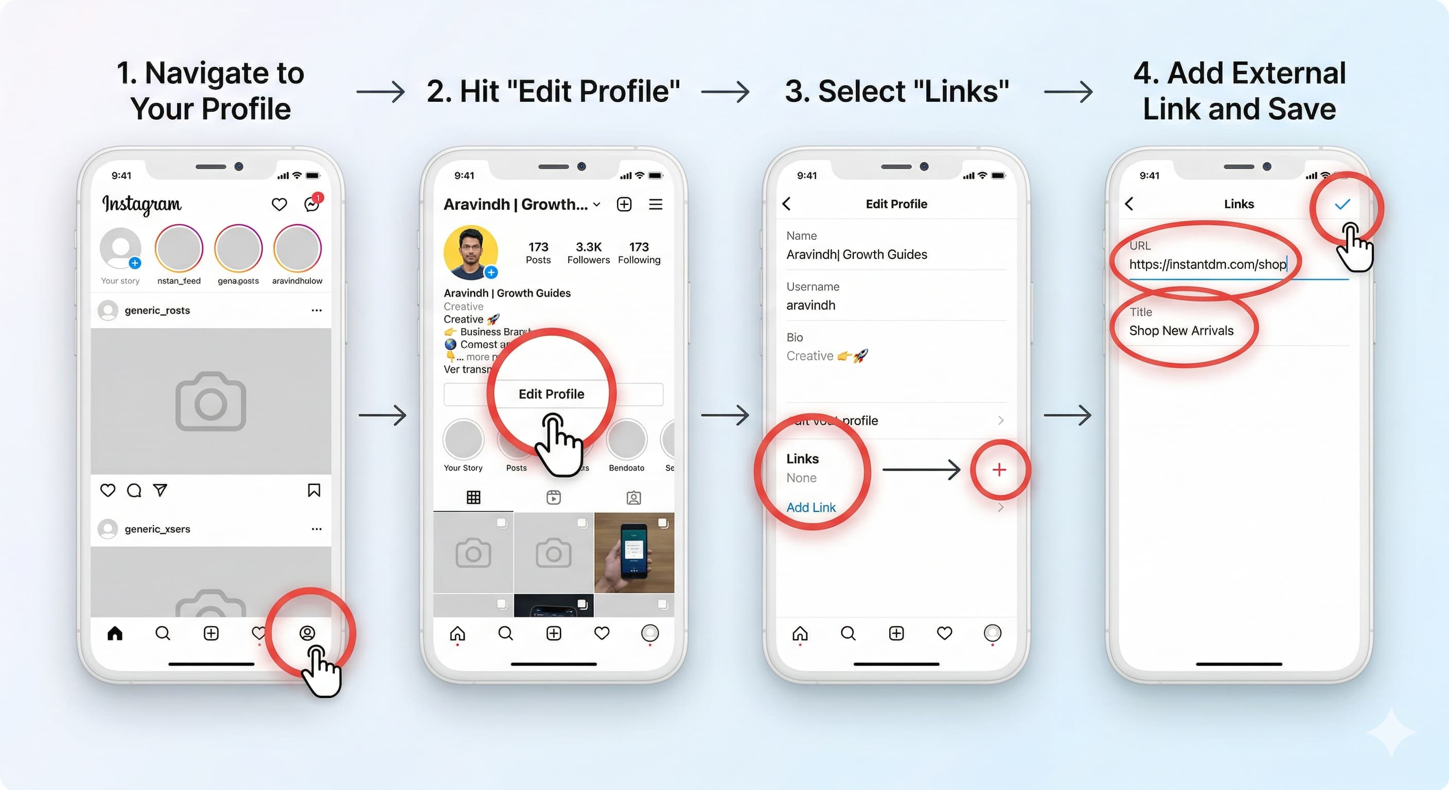 A 4-step horizontal infographic showing how to add a link to an Instagram bio on a mobile device. Step 1: "Navigate to Your Profile" highlights the profile icon. Step 2: "Hit Edit Profile" circles the edit button on the profile page. Step 3: "Select Links" shows the link settings menu. Step 4: "Add External Link and Save" shows a URL being pasted with the title "Shop New Arrivals" and the save checkmark highlighted. The design uses clean white mobile mockups with red instructional annotations.