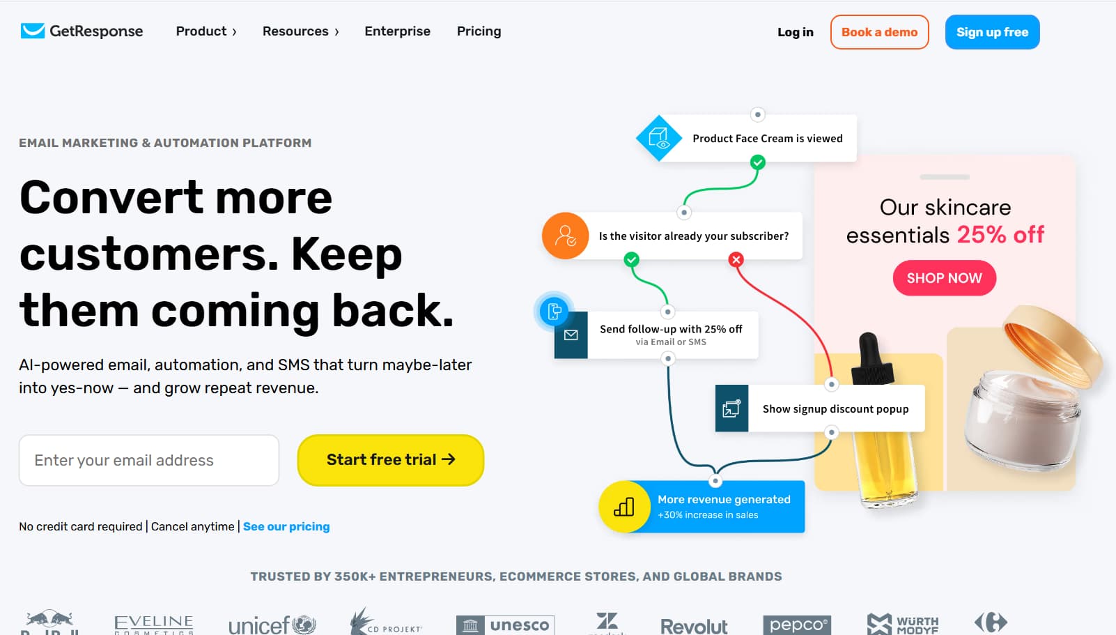 Screenshot of the GetResponse homepage featuring the headline