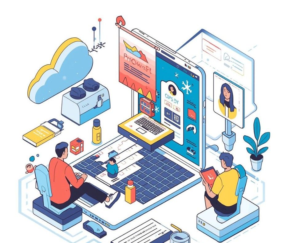 An isometric digital illustration featuring a team of people working around a giant laptop to optimize digital marketing campaigns, with elements representing cloud data, user profiles, and performance analytics.