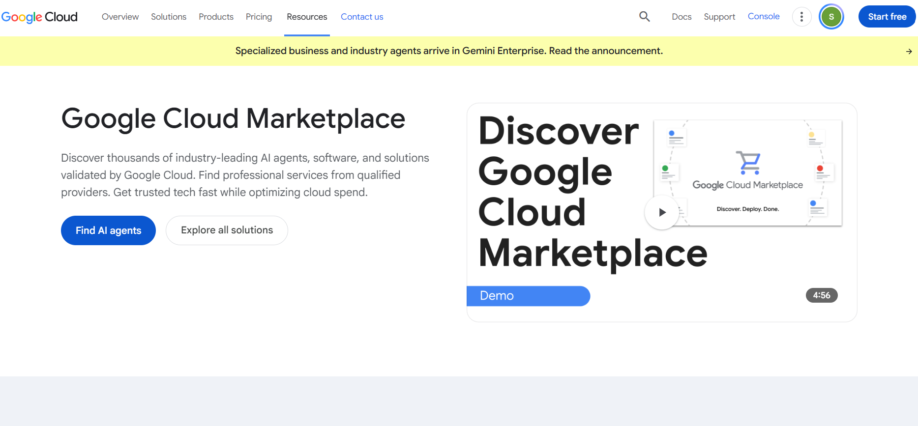 Google Cloud Marketplace page featuring AI agents, software, and cloud solutions, with buttons to find AI agents or explore all solutions and a marketplace demo video.