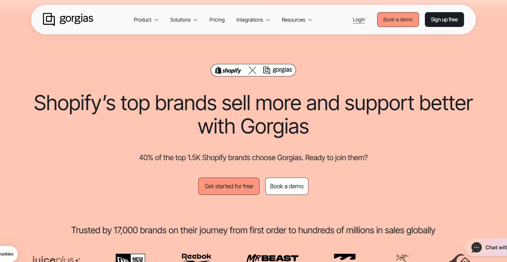 Gorgias website homepage showcasing Shopify customer support and sales solutions for ecommerce brands.
