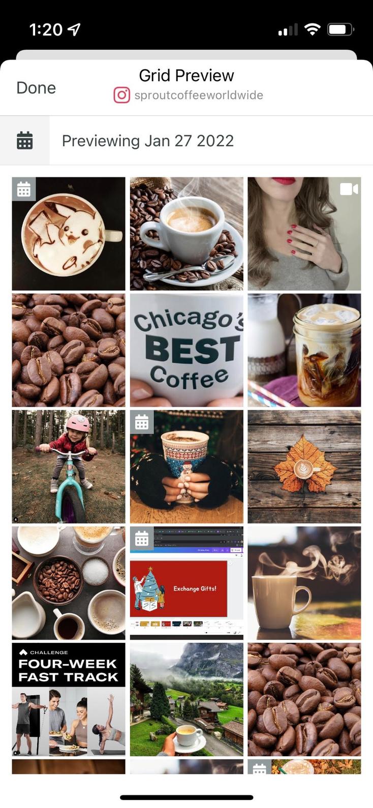Screenshot of an Instagram 'Grid Preview' tool for the account 'sproutcoffeeworldwide', showing a planned aesthetic of coffee-themed photos, lifestyle images, and promotional graphics dated January 27, 2022.