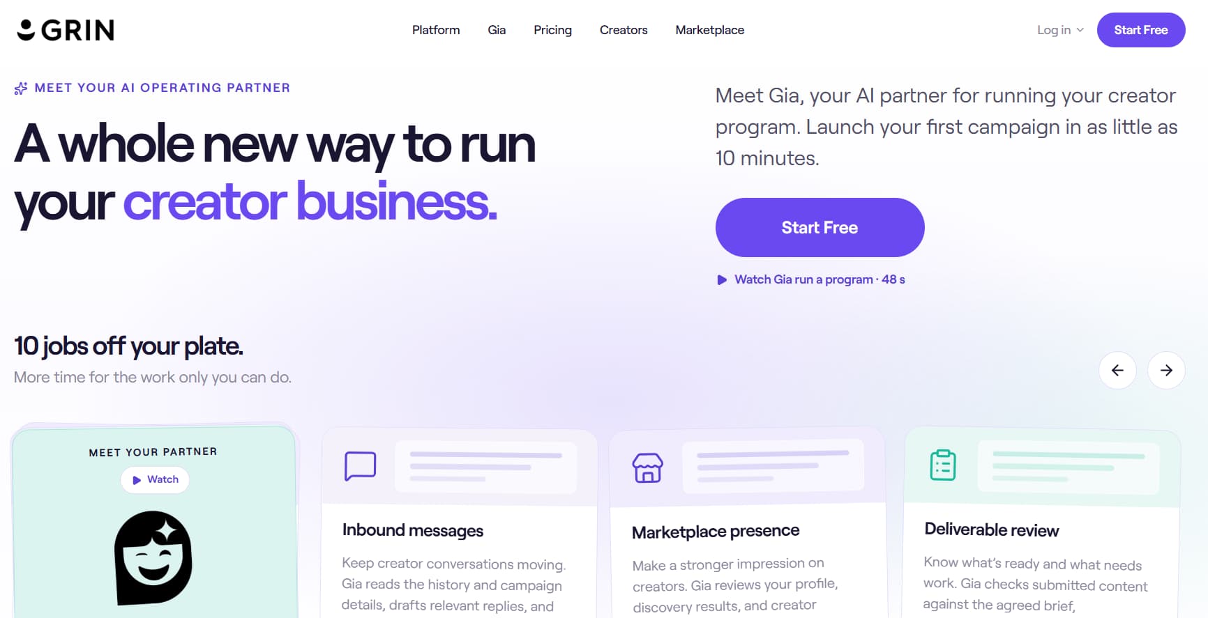 GRIN influencer marketing platform homepage showcasing its AI creator partner, Gia, for managing creator campaigns, messages, marketplace presence, and campaign tasks.