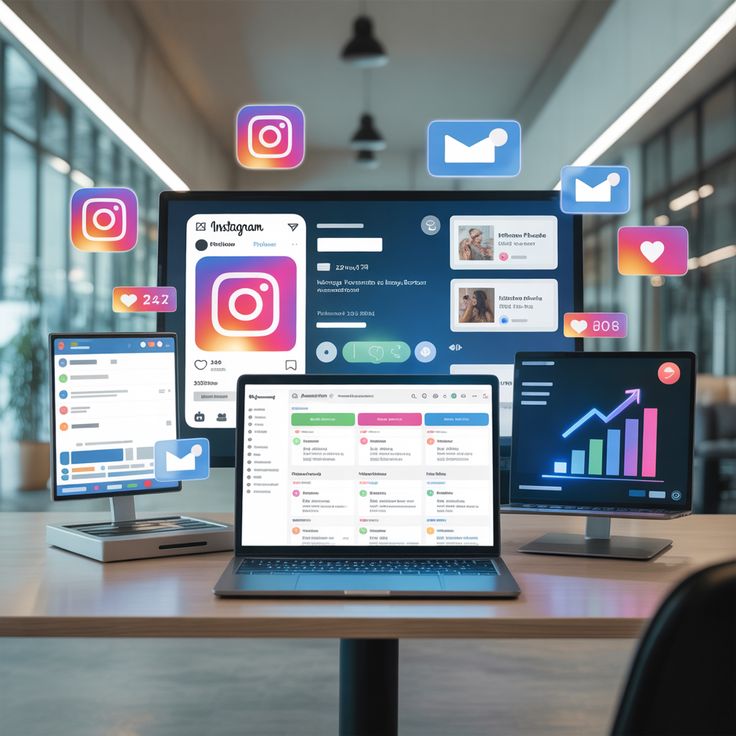A 3D digital illustration of a modern office desk setup focused on social media management and analytics. At the center is an open laptop displaying a detailed, multi-column software dashboard. Behind it, a large desktop monitor shows an Instagram interface featuring the main logo. To the left, a smaller vertical screen displays a messaging feed, while a monitor on the right shows a vibrant, upward-trending neon bar chart. Floating holographically in the air around the screens are several 3D social media icons, including Instagram cameras, message envelopes, and gradient heart notification bubbles with numbers like '242' and '808'. The background is a softly blurred, well-lit contemporary office space.