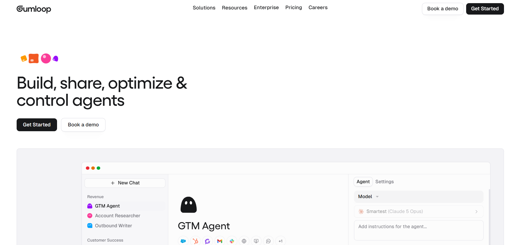 Gumloop AI agent platform webpage showing tools to build, share, optimize, and control AI agents, with a GTM Agent workspace interface displayed below.
