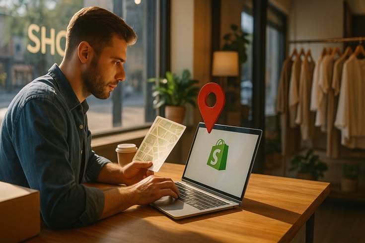 A young man sits at a wooden table in a warmly lit shop, working on a laptop that displays the Shopify logo. He holds a small physical map in one hand, while a large, 3D red location pin hovers conceptually above the laptop screen, symbolizing local business search or SEO.