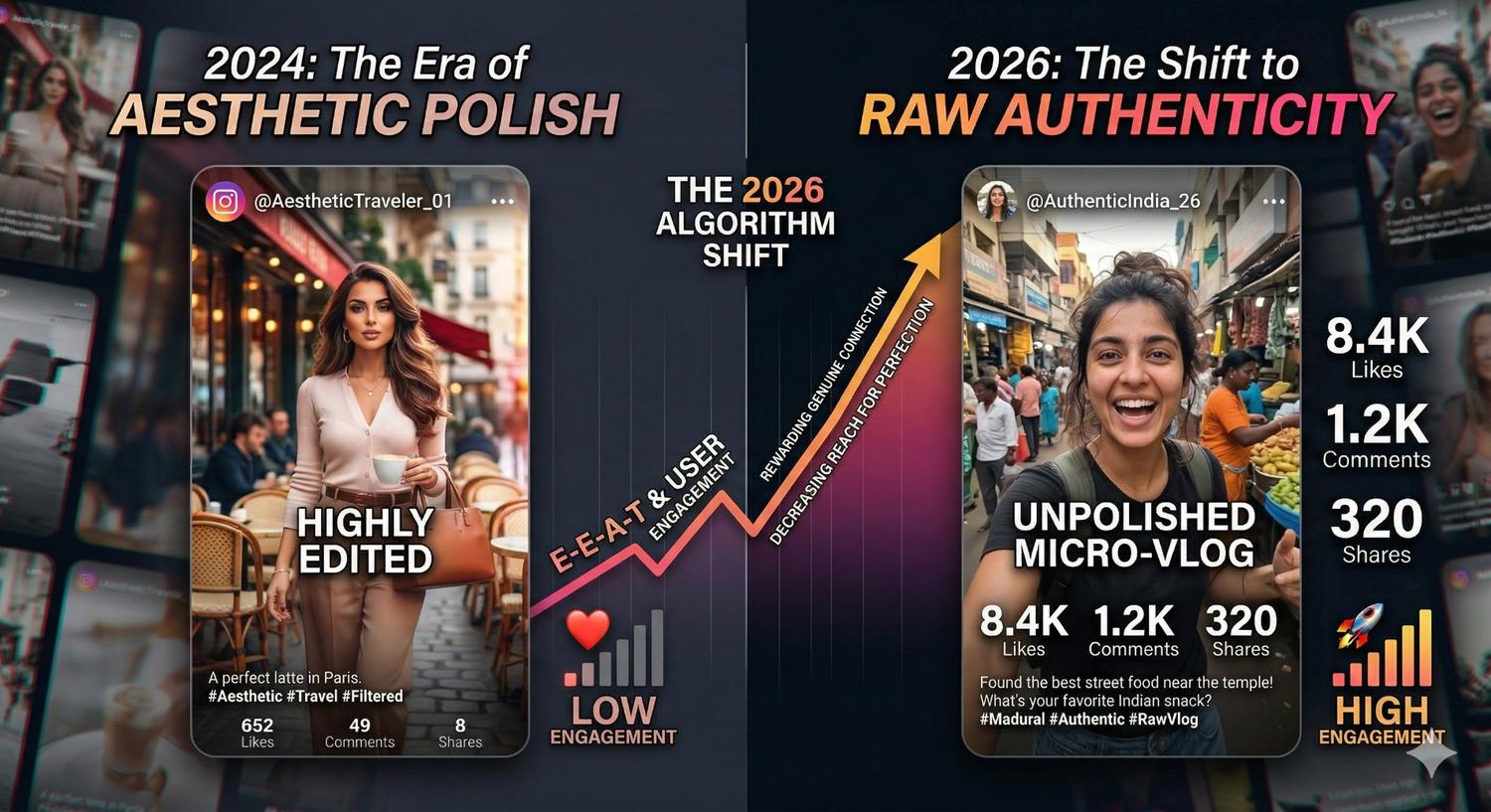 Infographic titled 'The 2026 Algorithm Shift.' It compares two Instagram Reel styles: a 'highly edited' aesthetic post from 2024 with low engagement metrics on the left, and an 'unpolished micro-vlog' from 2026 showing high likes, comments, and shares on the right, emphasizing a shift toward raw authenticity.
