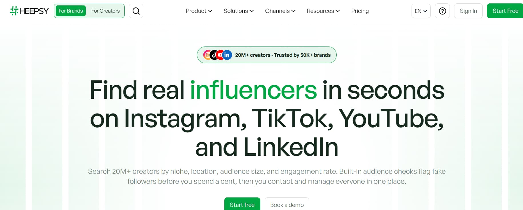 Heepsy influencer marketing platform homepage showcasing influencer discovery across Instagram, TikTok, YouTube, and LinkedIn, with audience analytics and creator search. heepsy.com