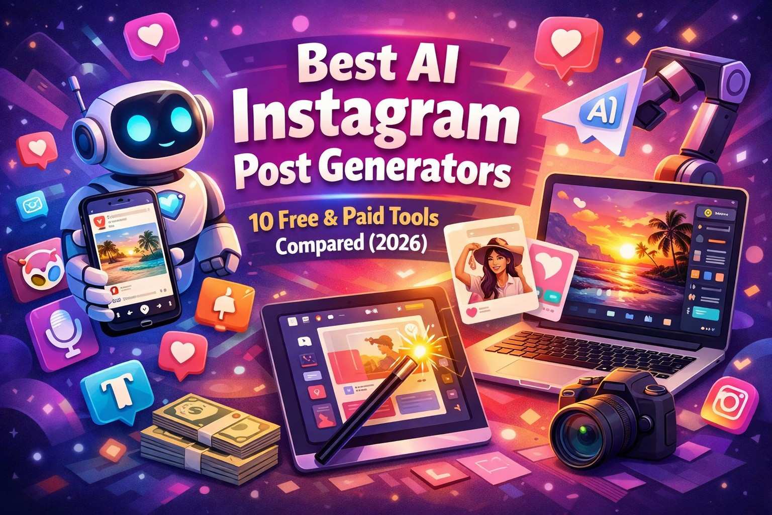 Hero graphic titled 'Best AI Instagram Post Generators' for 2026, featuring a comparison of 10 free and paid tools with vibrant social media icons, a friendly AI robot holding a smartphone, and various creative hardware like a laptop and camera.