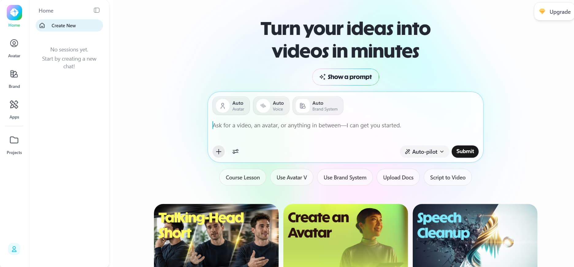 AI video creation platform dashboard with the headline 