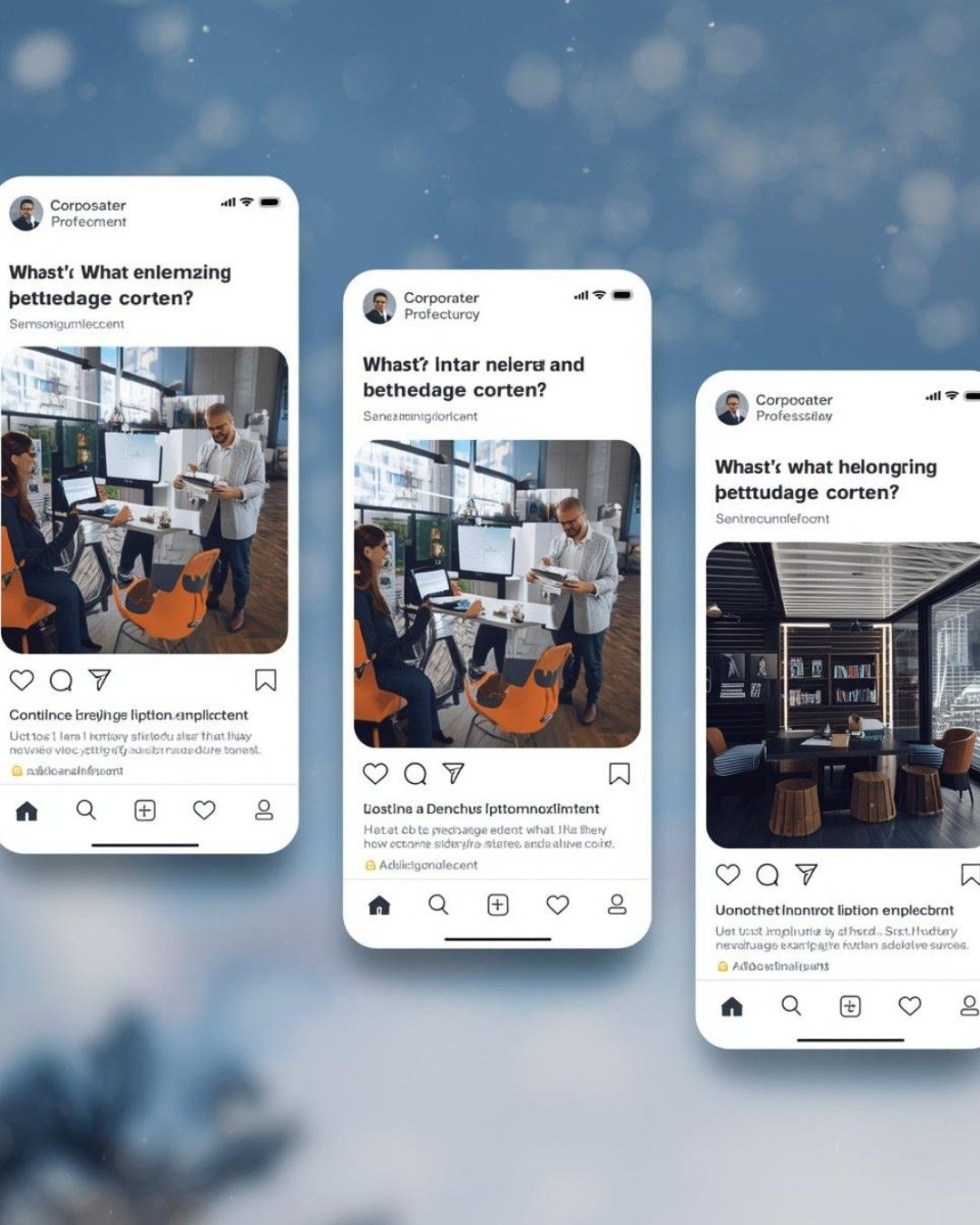 A digital mockup showing three Instagram carousel slides displayed on smartphone screens against a soft blue bokeh background. The slides feature professional office settings, business-oriented captions, and engagement icons.