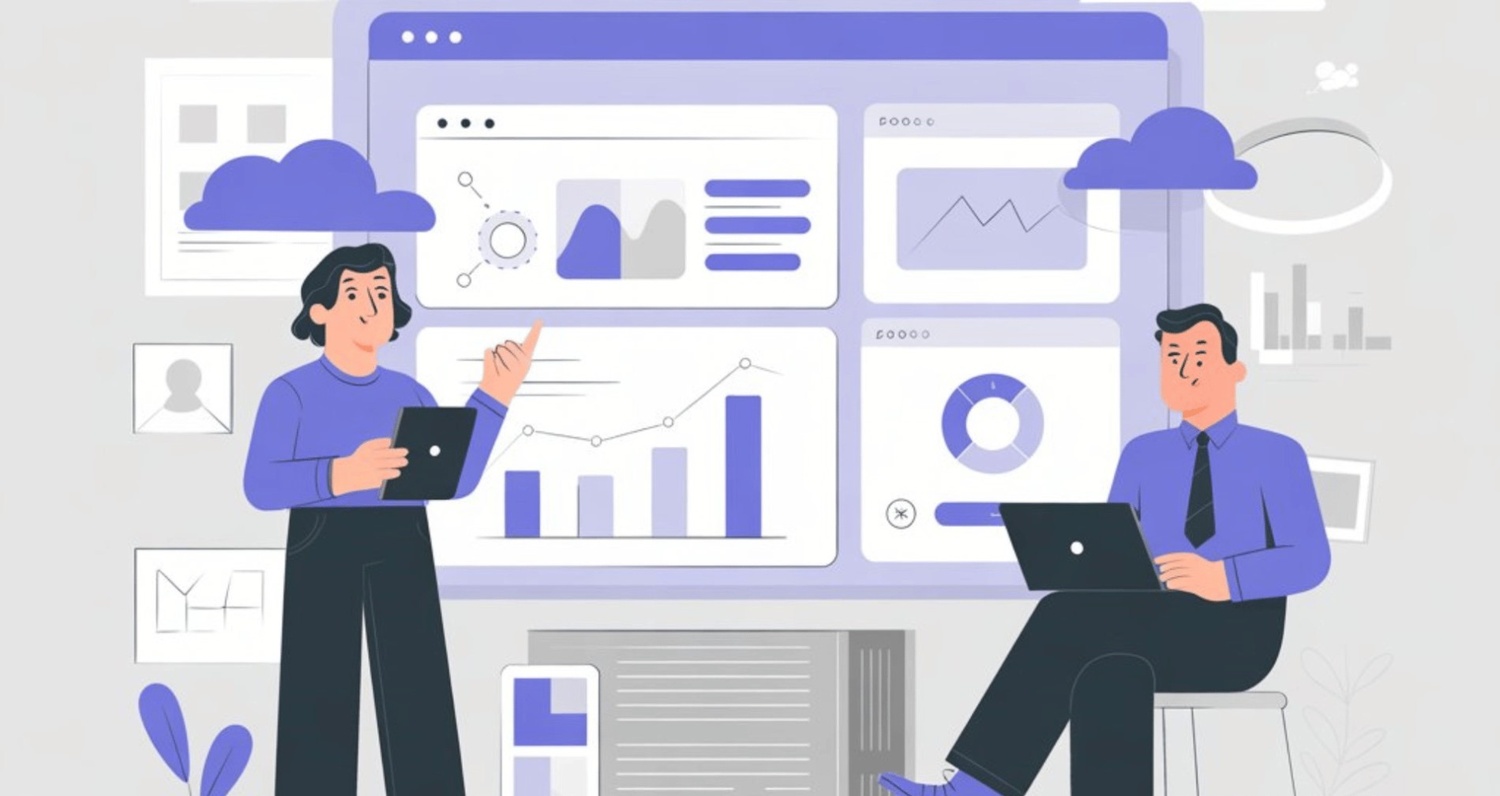 An illustration of two marketing professionals analyzing a large purple digital workspace containing various data widgets, bar charts, and growth metrics.