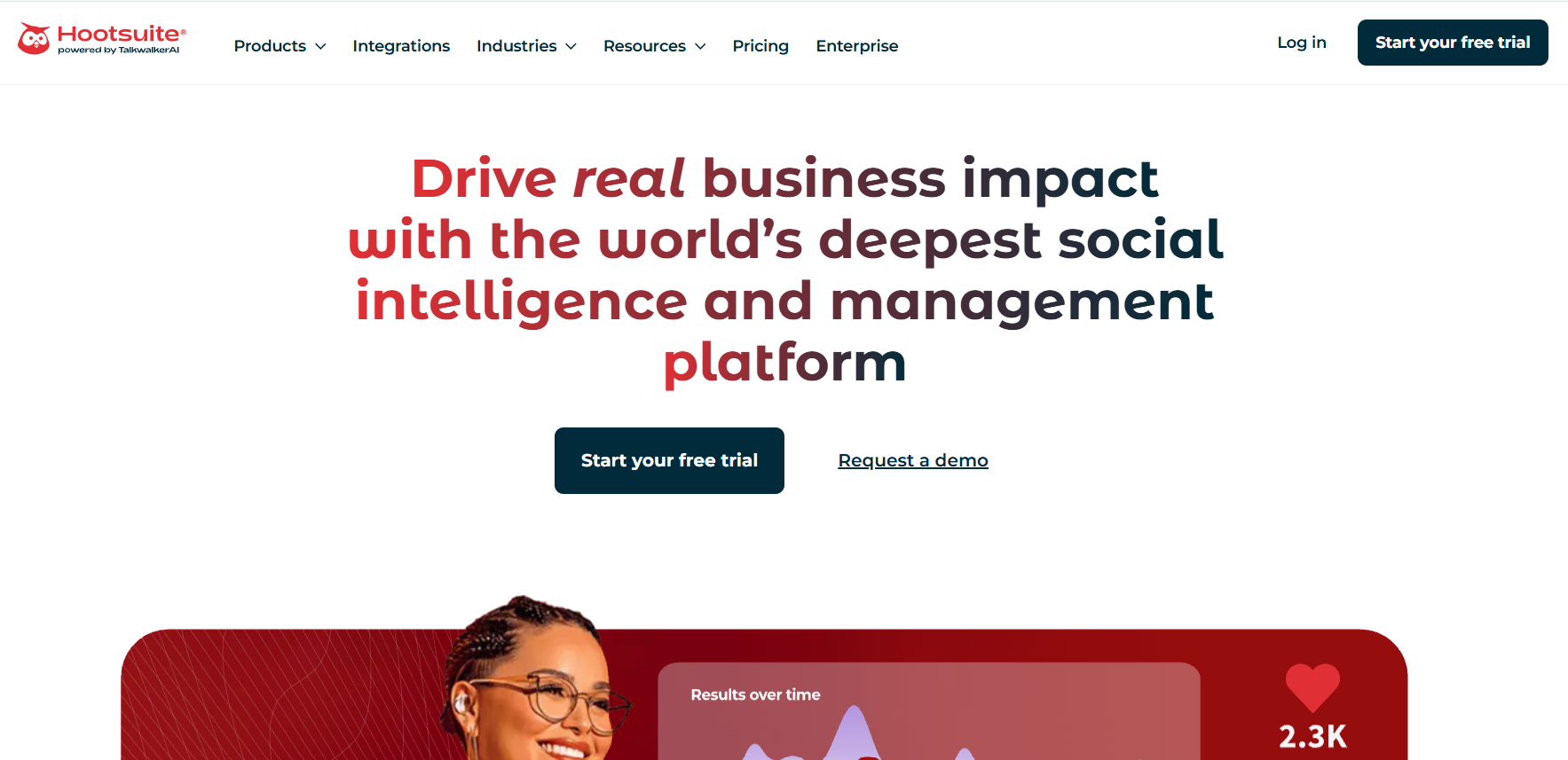 A screenshot of the Hootsuite homepage showcasing a white header navigation bar with the red owl logo and a bold central headline reading, 