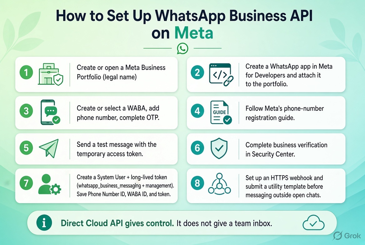 Eight-step how-to infographic titled “How to Set Up WhatsApp Business API on Meta.” Steps cover: create Meta Business Portfolio, create WhatsApp app and attach to portfolio, create/select WABA and add phone with OTP, follow phone registration guide, send test message with temporary token, complete business verification, create System User with long-lived token and save IDs, set up HTTPS webhook and submit utility template. Bottom note: Direct Cloud API gives control but does not provide a team inbox.