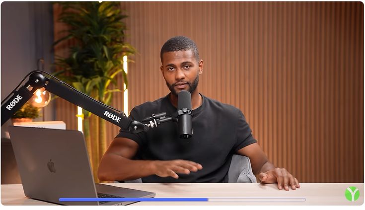 A man sits at a desk in a professional studio setting, speaking into a high-quality microphone while positioned in front of a laptop. The background features warm wood paneling and indoor greenery, creating a modern and polished aesthetic for a podcast or video recording.