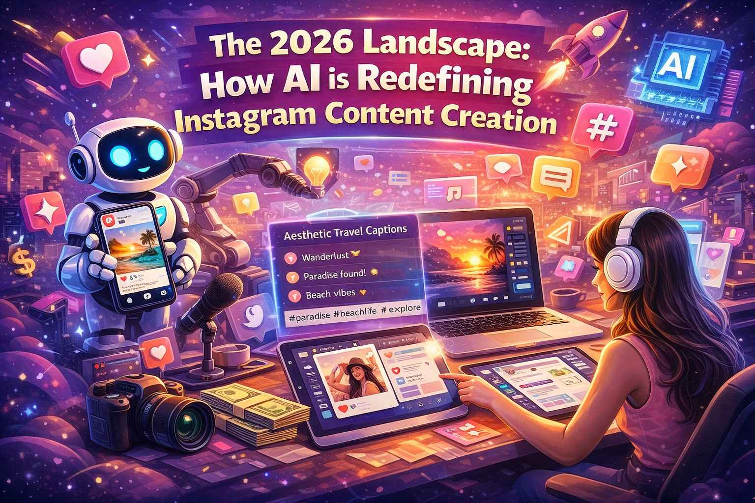 A composite digital art piece showcasing the 2026 Instagram landscape, featuring a friendly blue robot assisting a female creator with aesthetic travel captions and content strategy across multiple tablet and laptop screens. The scene is filled with glowing social media icons, floating hashtags, and 3D elements like rockets and cameras, representing how AI redefines modern content creation.