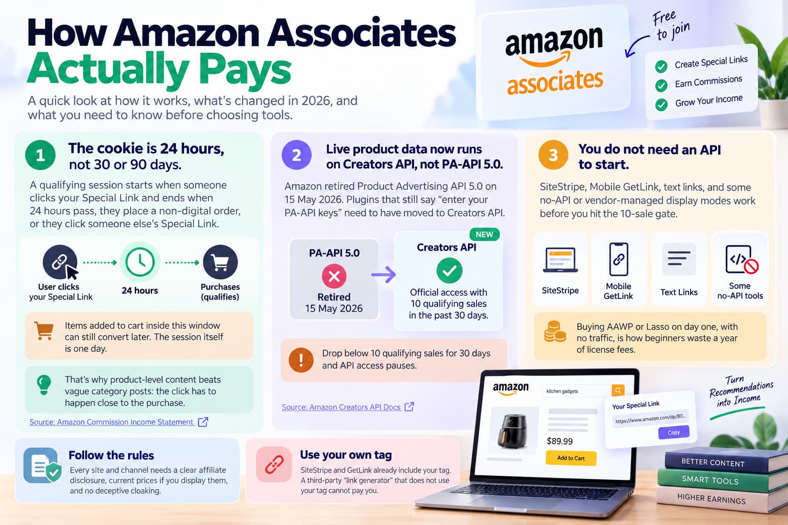Infographic explaining how Amazon Associates works, including the 24-hour affiliate cookie, Creators API replacing PA-API 5.0, no-API link options, affiliate disclosure requirements, and using tagged Amazon links.