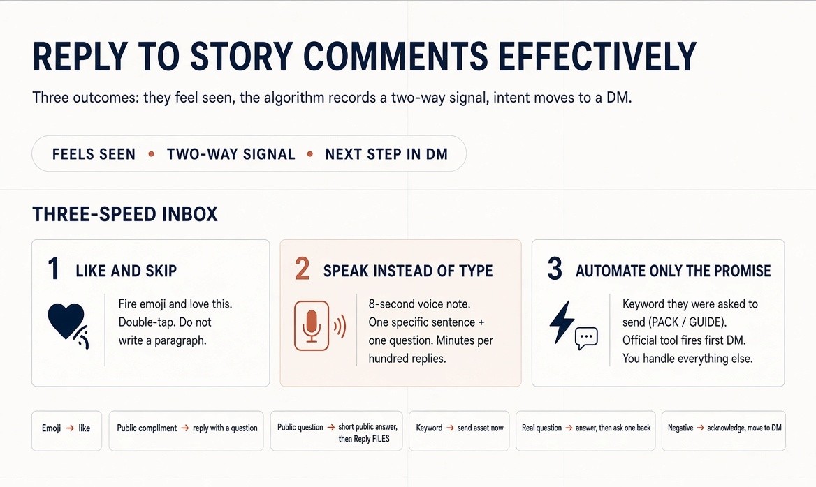 Infographic titled Reply to Story Comments Effectively with a three-speed inbox: Like and Skip for fire emojis, Speak Instead of Type with an 8-second voice note, and Automate Only the Promise for PACK or GUIDE keywords. Bottom chips map emoji, compliment, public question, keyword, real question, and negative comments to the next action.