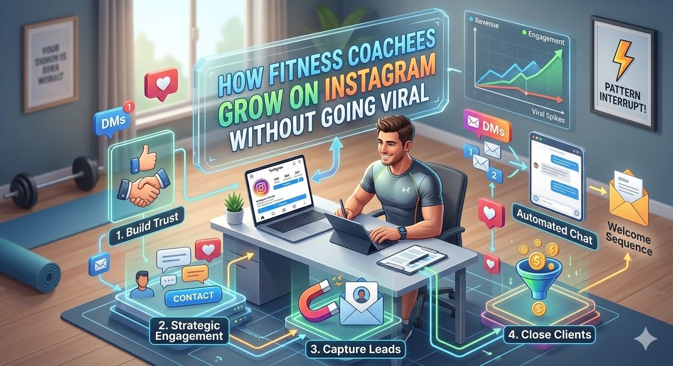 Infographic titled "How Fitness Coaches Grow on Instagram Without Going Viral," illustrating a four-step digital workflow: building trust, strategic engagement, capturing leads via automated chat, and closing clients.