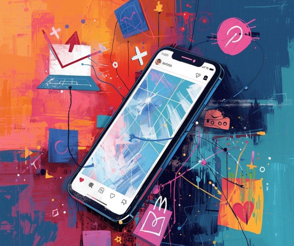 An abstract, mixed-media digital illustration featuring a smartphone displaying an Instagram feed, surrounded by colorful paint splashes, shopping bag icons, and digital connectivity symbols.
