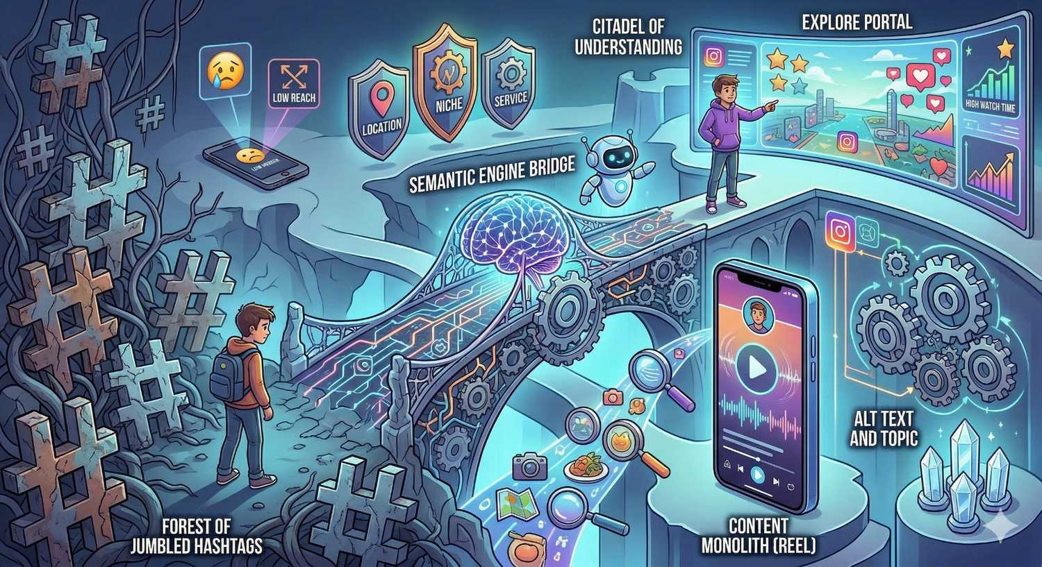 This detailed illustration visually maps the complex evolution of Instagram Search and Discovery, contrasting the 