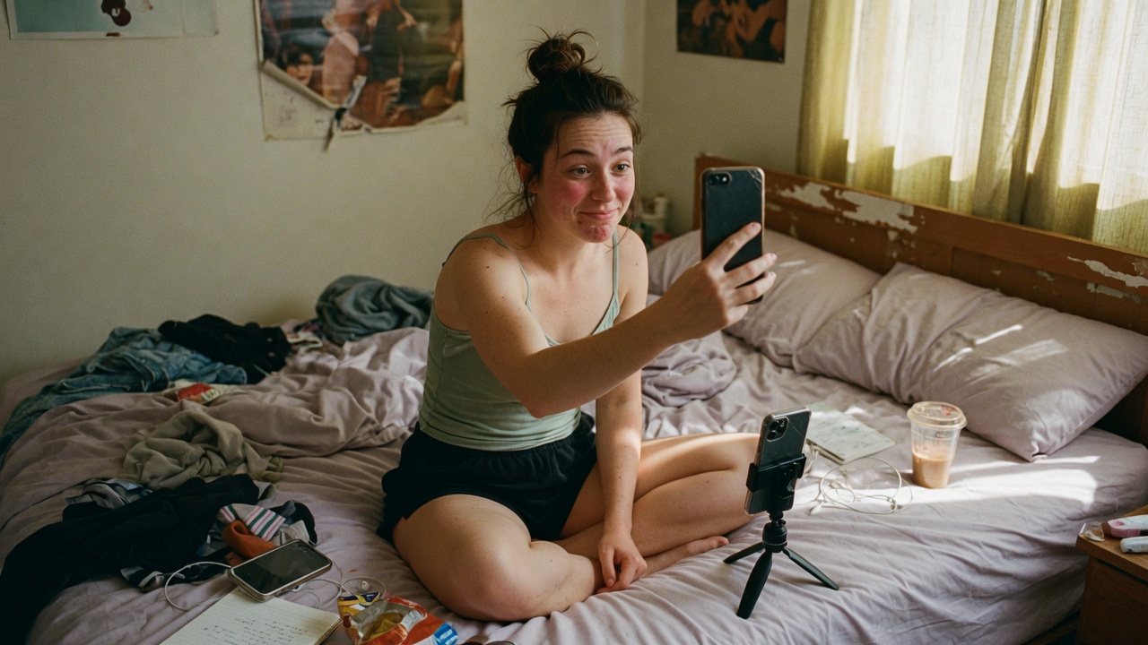 A woman sitting on a bed filming a short vertical video on her phone in afternoon light