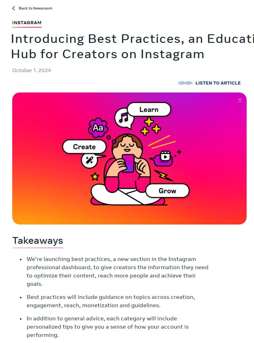 Meta newsroom article dated October 1, 2024 titled Introducing Best Practices, an Education Hub for Creators on Instagram, with an illustration labelled Learn, Create and Grow