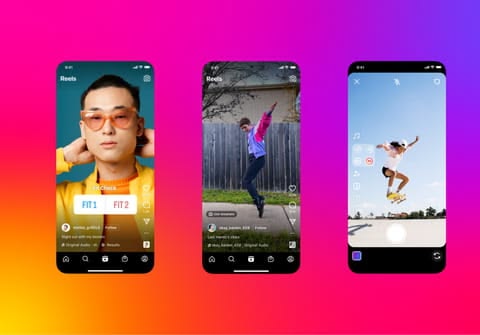Three smartphones displaying different Instagram Reels interfaces on a colorful, gradient background. The left phone shows a person using an interactive
