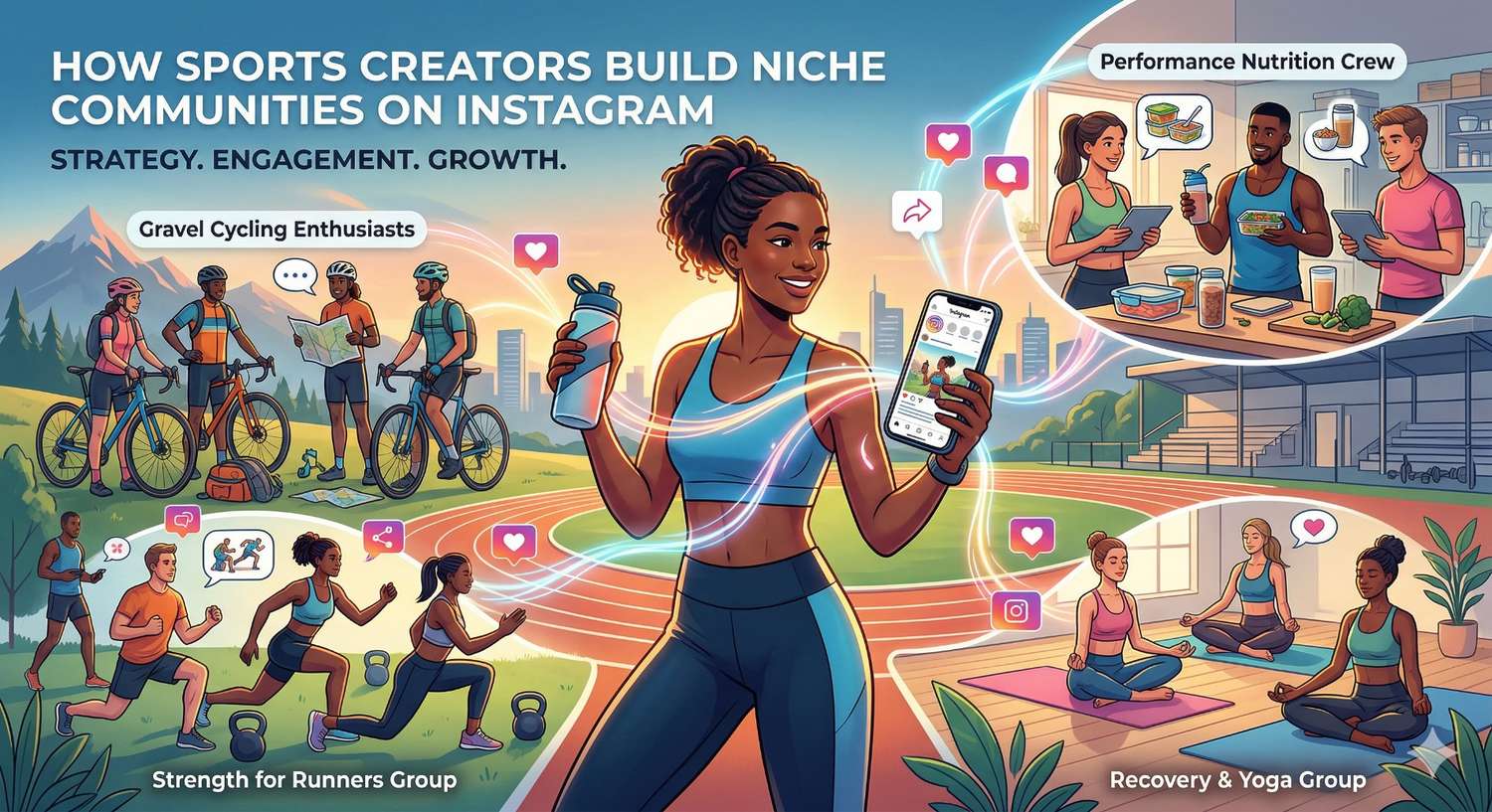 Digital illustration titled \"How Sports Creators Build Niche Communities on Instagram\" showing a central female athlete connecting diverse groups like \"Gravel Cycling Enthusiasts\" and \"Performance Nutrition Crew\" via her smartphone.