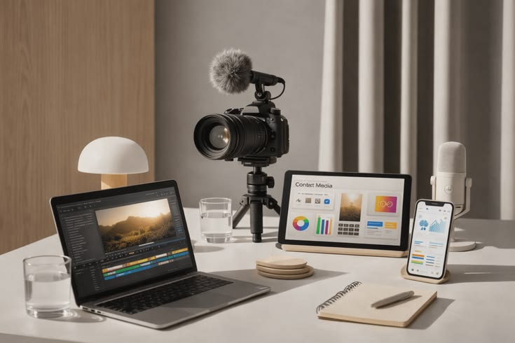 A high-end content creator’s workspace on a white desk, featuring a laptop with video editing software open, a professional DSLR camera on a tripod with a shotgun microphone, a tablet displaying a media dashboard, and a smartphone showing analytics. The scene is completed with a minimalist desk lamp, a notepad with a pen, two glasses of water, and a microphone, all in a clean, neutral-toned studio setting.