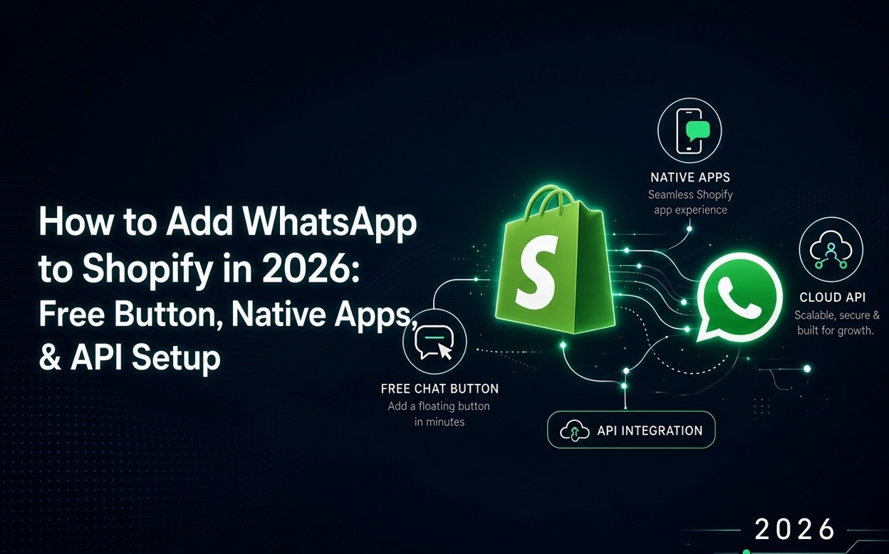 How to Add WhatsApp to Shopify in 2026: Free Button, Native Apps, & API Setup – modern dark tech hero image showing Shopify bag logo connected to WhatsApp logo with free chat button, native apps, and cloud API integration icons
