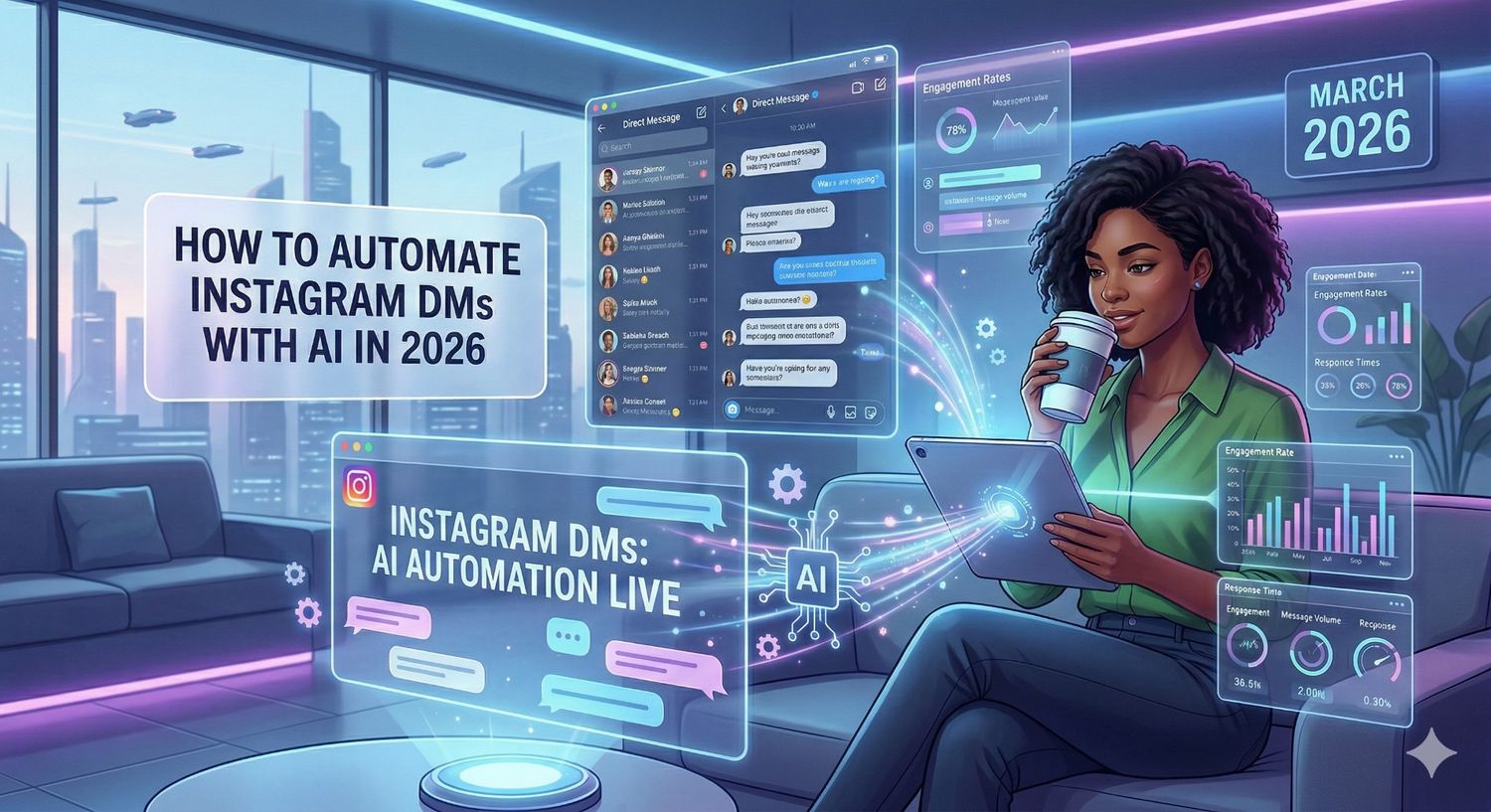 A futuristic digital illustration titled \"How to Automate Instagram DMs with AI in 2026,\" featuring a woman sitting in a high-tech office with a city view, drinking coffee and managing multiple floating holographic screens showing AI-driven DM conversations, engagement rates, and analytics.