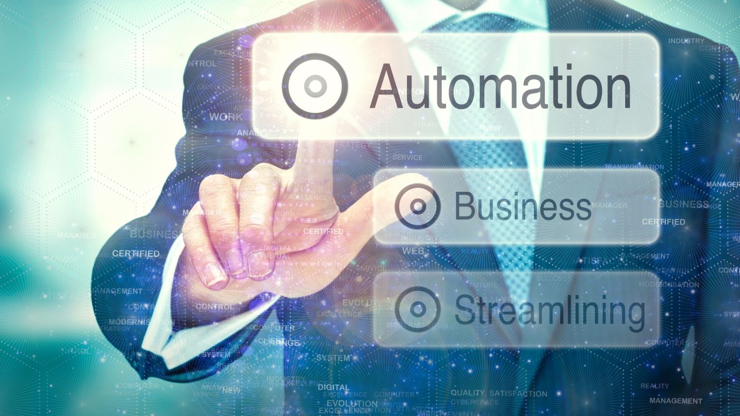 This futuristic image features a professional in a suit interacting with a glowing, translucent touch interface. He is shown pressing a button labeled "Automation," which is stacked with other business-critical terms like "Business" and "Streamlining."