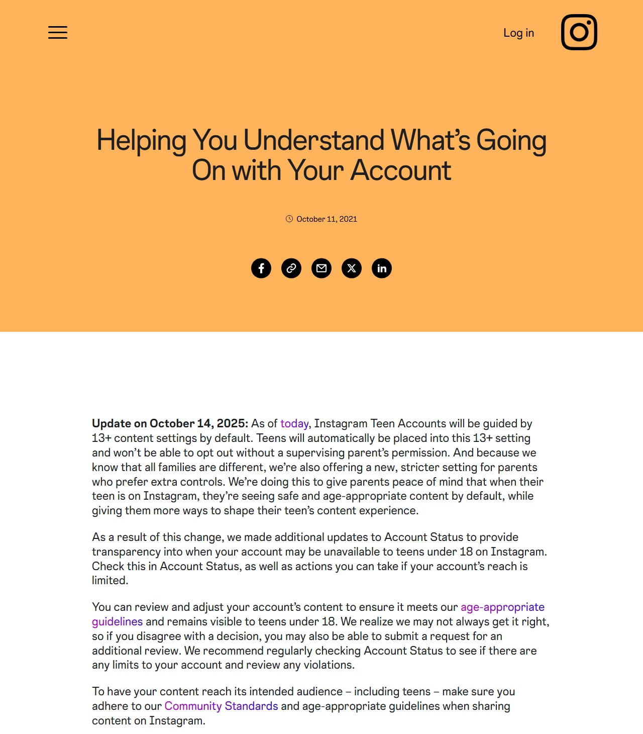 Instagram blog post titled Helping You Understand What's Going On with Your Account, with an October 14, 2025 update describing changes to Account Status and how to request an additional review