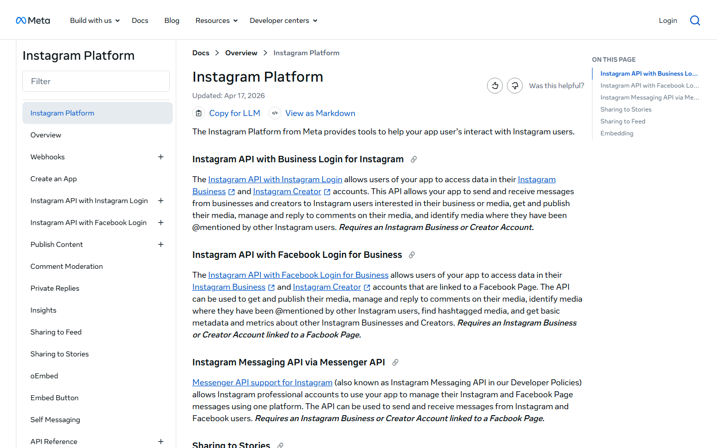 Screenshot of Meta's Instagram Platform developer documentation listing the Instagram API login paths