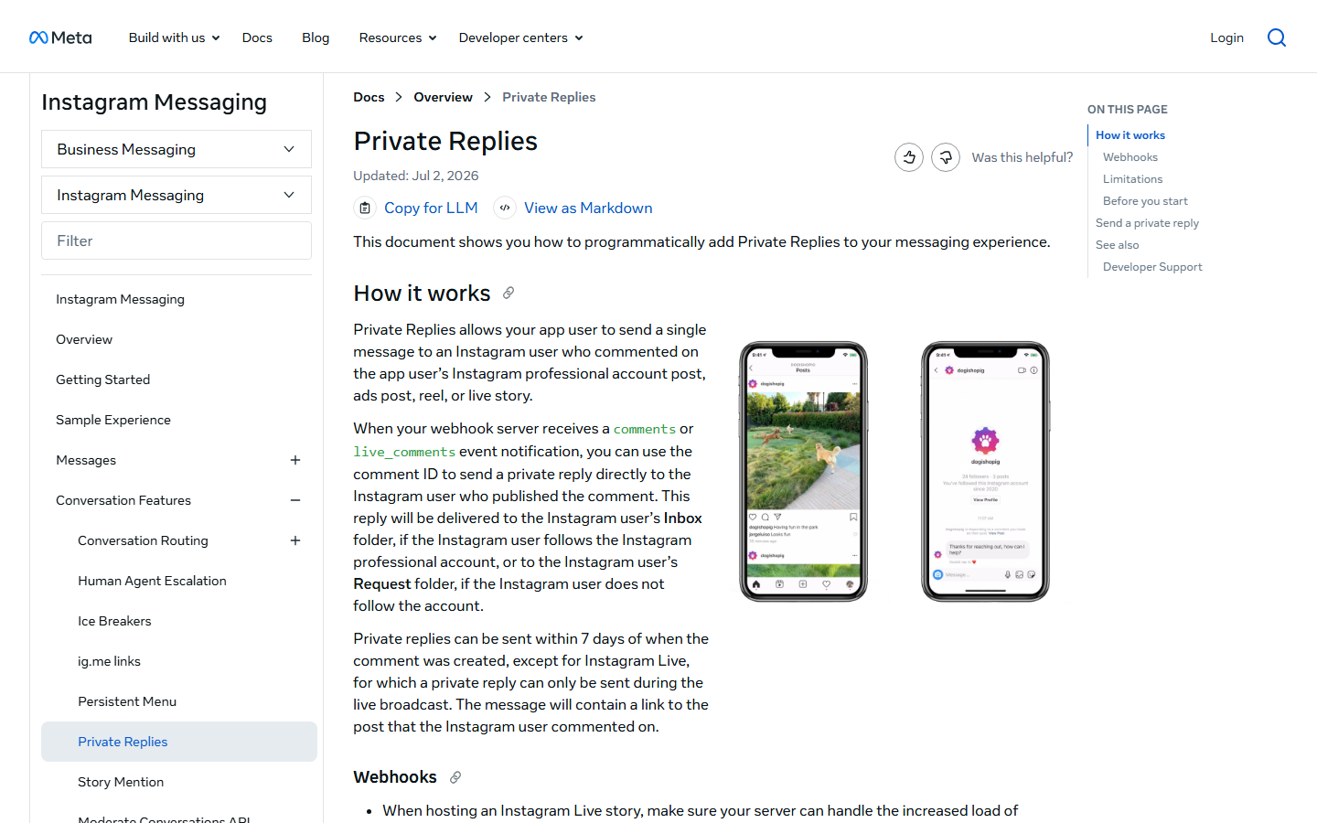 Screenshot of Meta's Instagram Messaging documentation on Private Replies, updated July 2026
